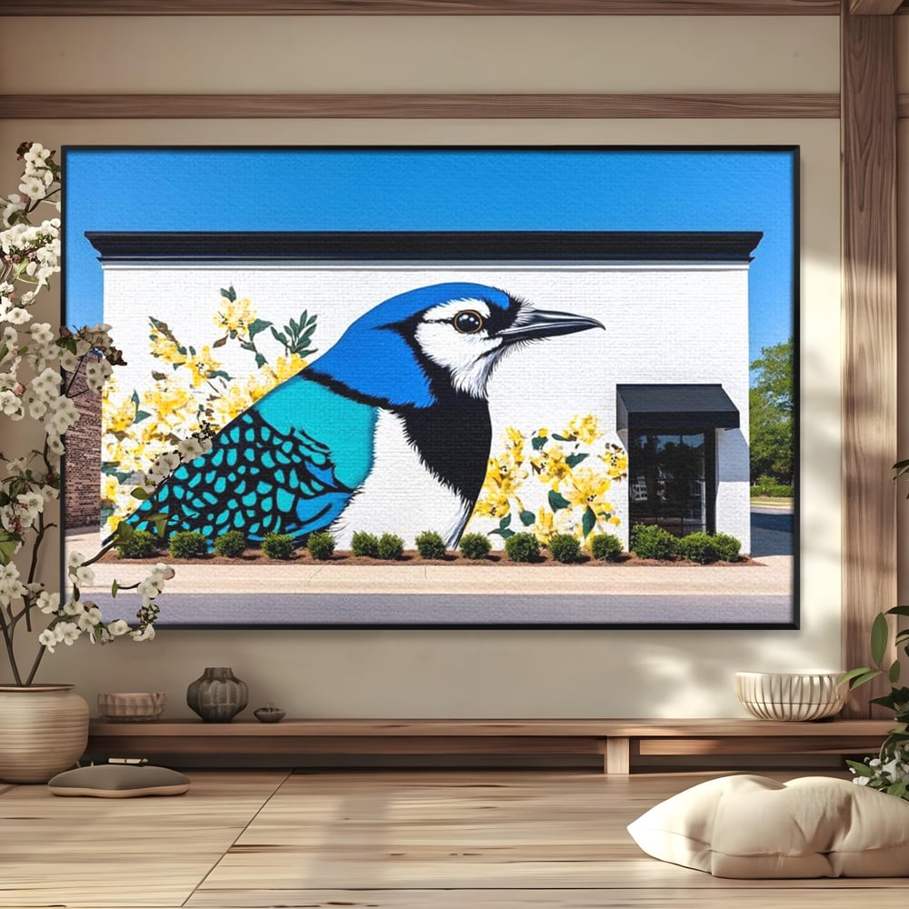 Tablou canvas cu tablou canvas cu o pasare murala si flori galbene, in rama de aluminiu negru