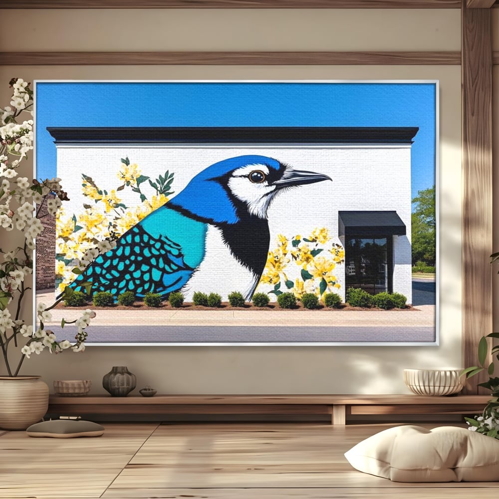Tablou canvas cu tablou canvas cu o pasare murala si flori galbene, in rama de aluminiu argintiu