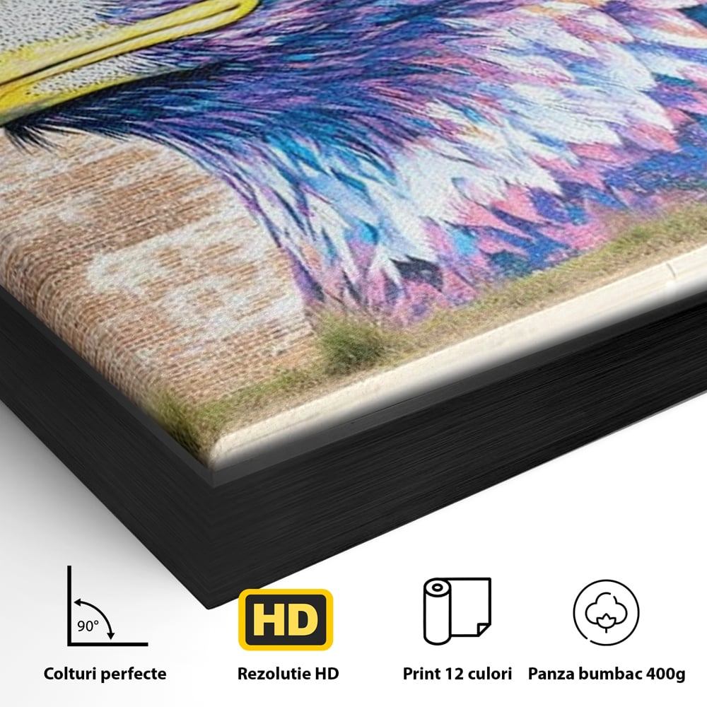 Detaliu al suprafetei: tablou canvas cu vultur graffitti pe zid de caramida, in rama de aluminiu negru