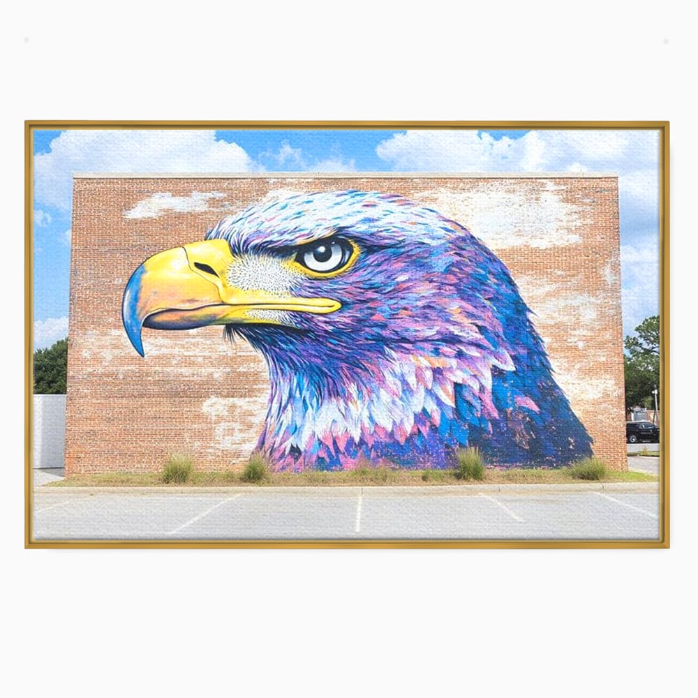 Tablou canvas cu tablou canvas cu vultur graffitti pe zid de caramida, in rama de aluminiu auriu