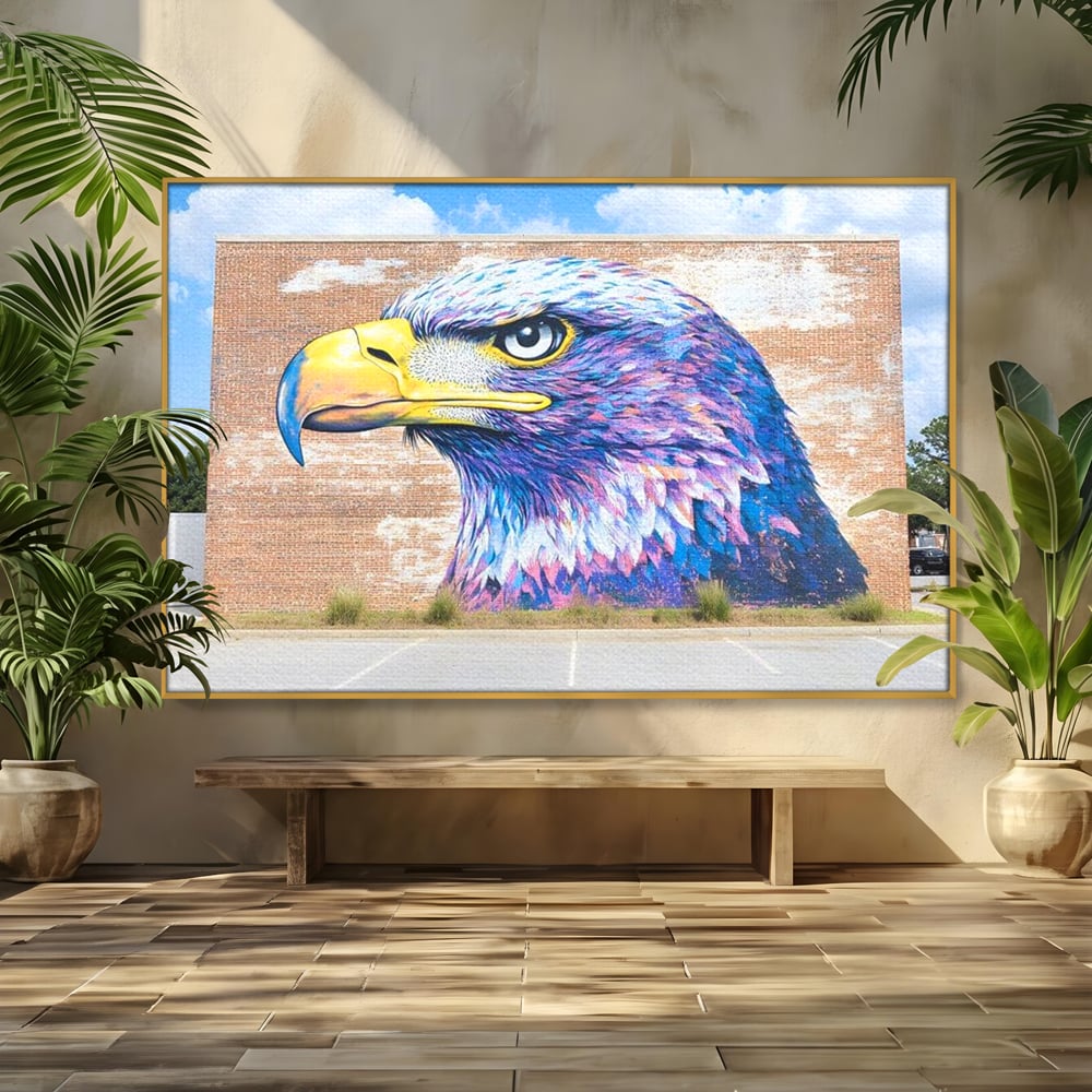 Tablou canvas cu tablou canvas cu vultur graffitti pe zid de caramida, in rama de aluminiu auriu
