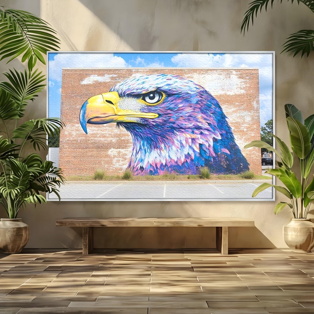 Tablou canvas cu tablou canvas cu vultur graffitti pe zid de caramida, in rama de aluminiu argintiu
