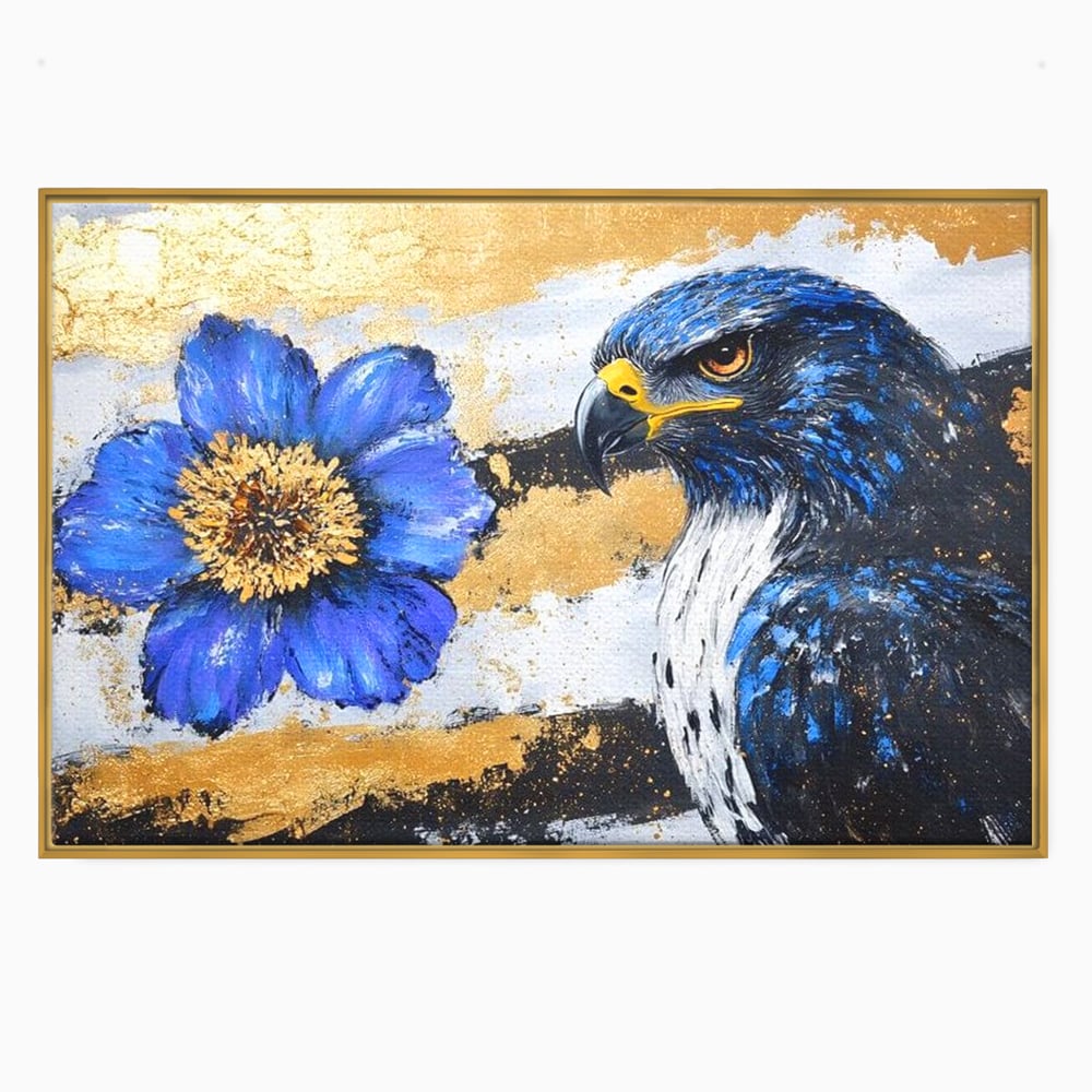 Tablou canvas cu pictura canvas cu soim si floare, in rama de aluminiu auriu