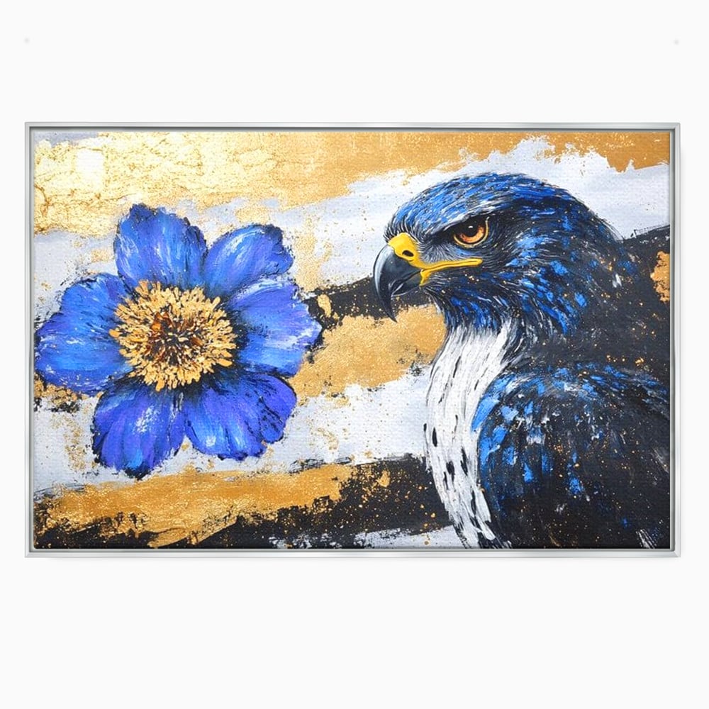 Tablou canvas cu pictura canvas cu soim si floare, in rama de aluminiu argintiu