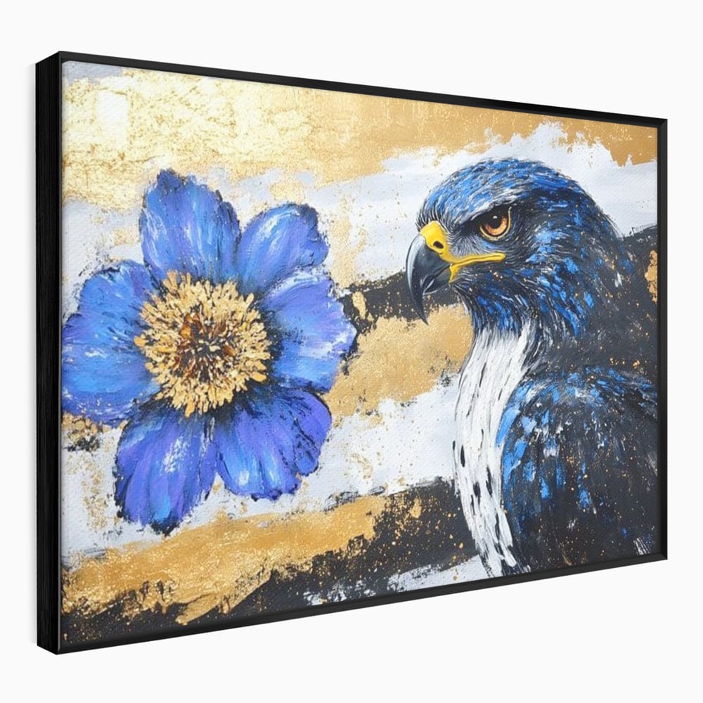 Tablou canvas cu pictura canvas cu soim si floare, in rama de aluminiu negru