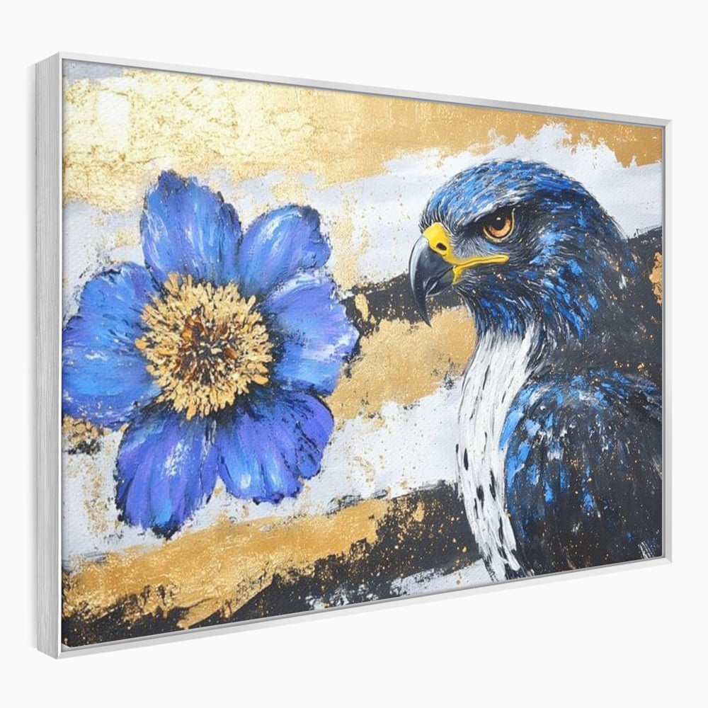 Tablou canvas cu pictura canvas cu soim si floare, in rama de aluminiu argintiu