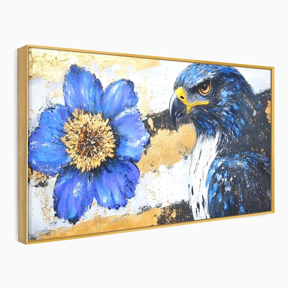 Tablou canvas cu pictura canvas cu soim si floare, in rama de aluminiu auriu