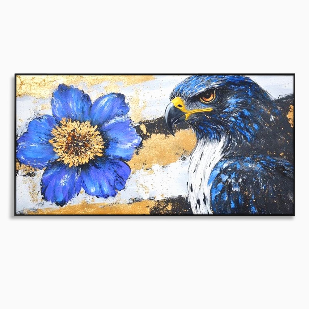 Tablou canvas cu pictura canvas cu soim si floare, in rama de aluminiu negru
