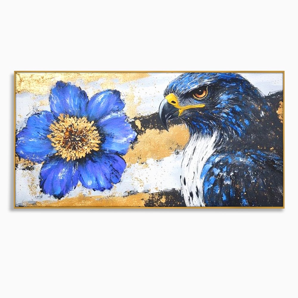 Tablou canvas cu pictura canvas cu soim si floare, in rama de aluminiu auriu