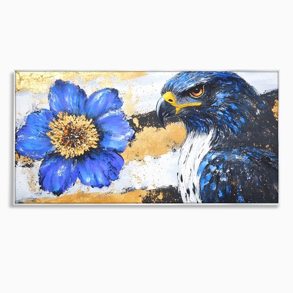 Tablou canvas cu pictura canvas cu soim si floare, in rama de aluminiu argintiu