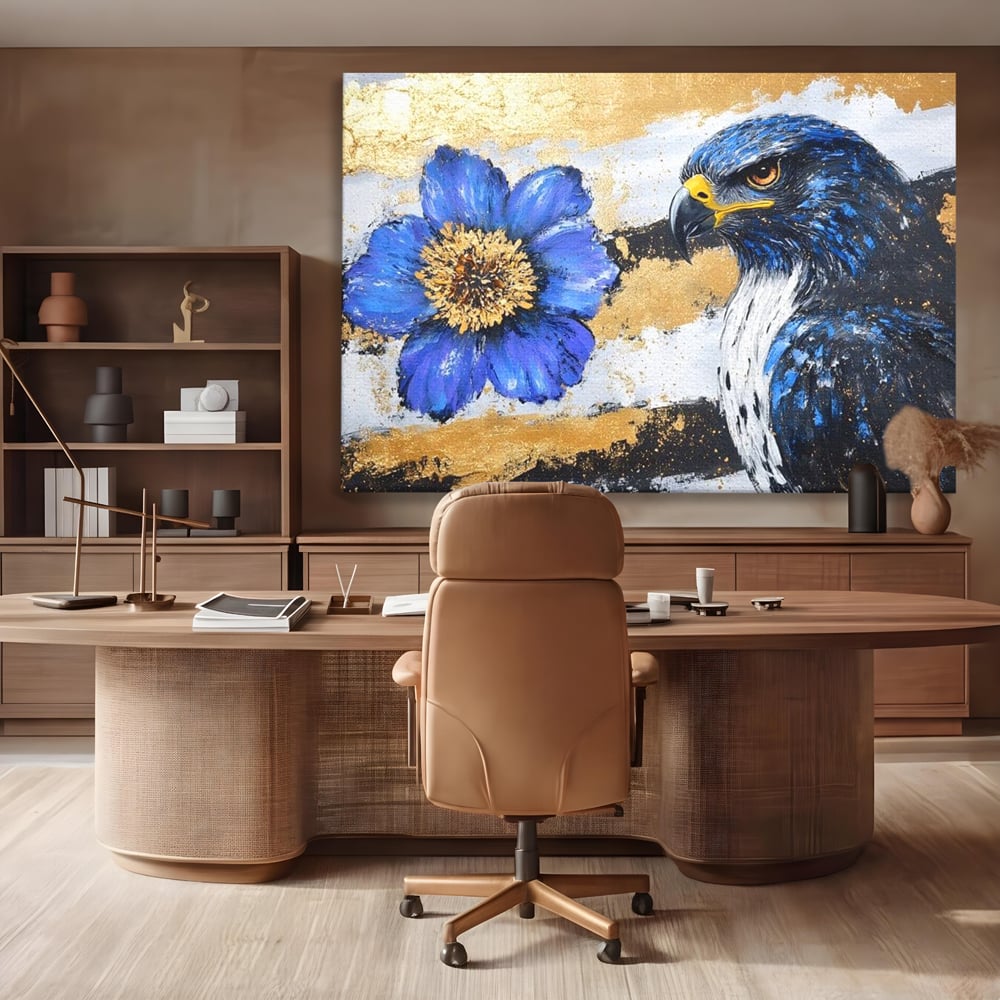 Tablou canvas cu pictura canvas cu soim si floare, fara rama, pe sasiu de lemn, pe perete intr-un birou