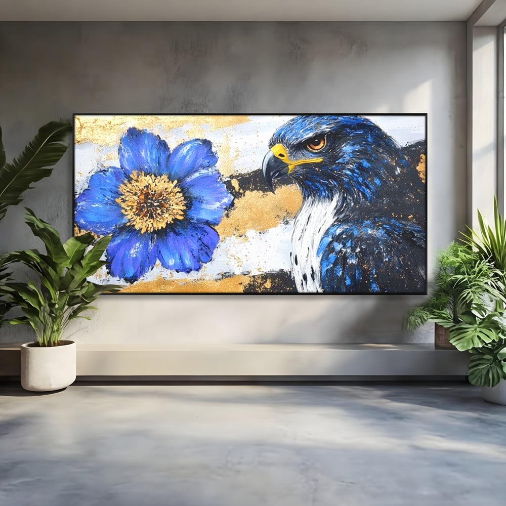 Tablou canvas cu pictura canvas cu soim si floare, in rama de aluminiu negru