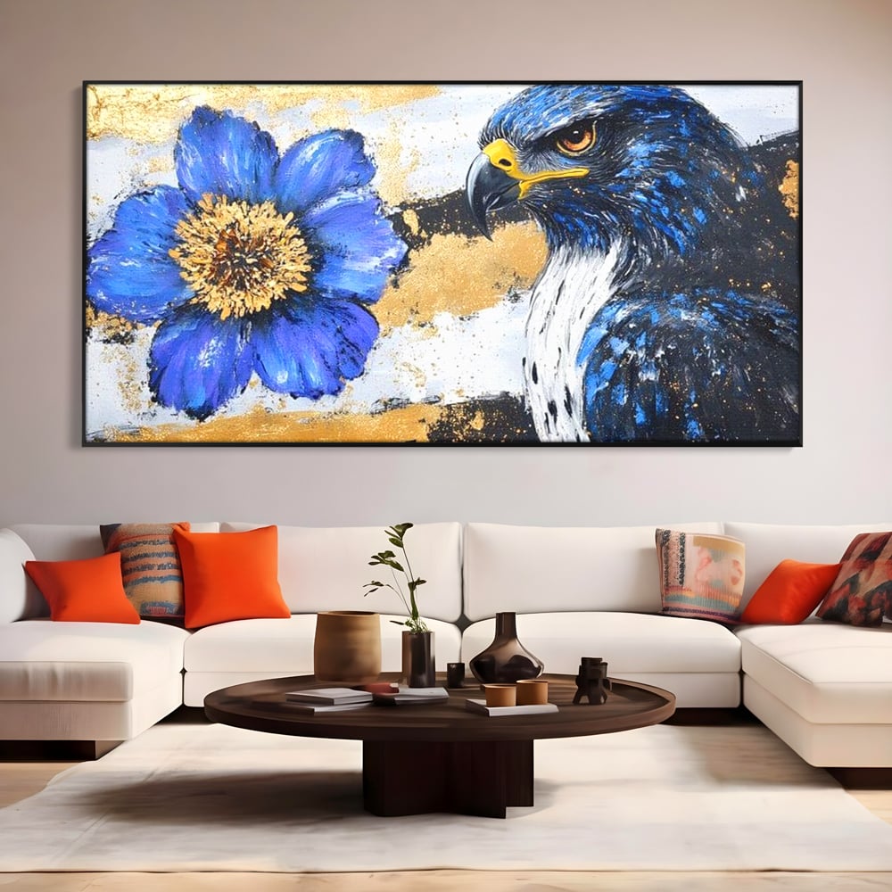 Tablou canvas cu pictura canvas cu soim si floare, in rama de aluminiu negru, pe perete intr-un living