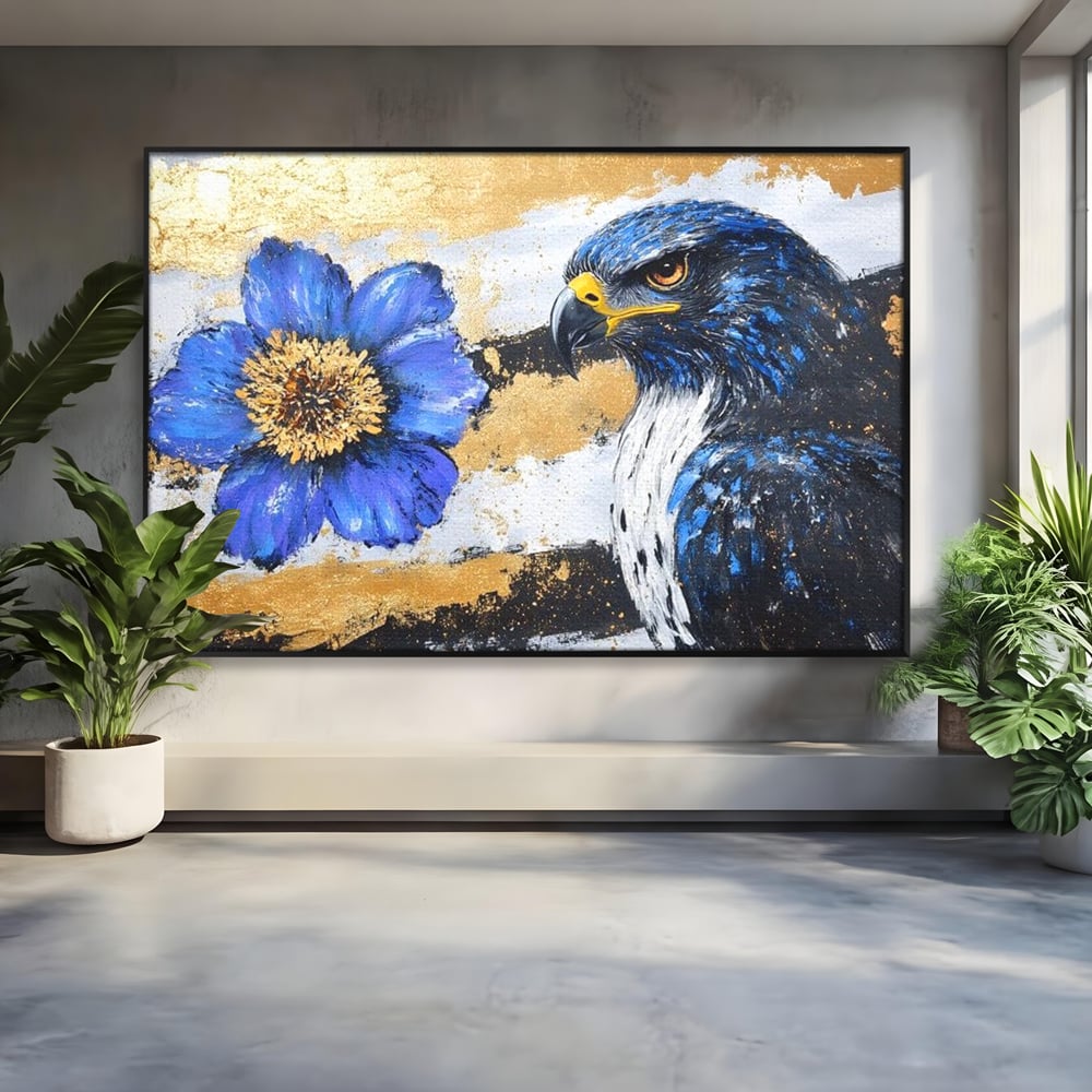 Tablou canvas cu pictura canvas cu soim si floare, in rama de aluminiu negru