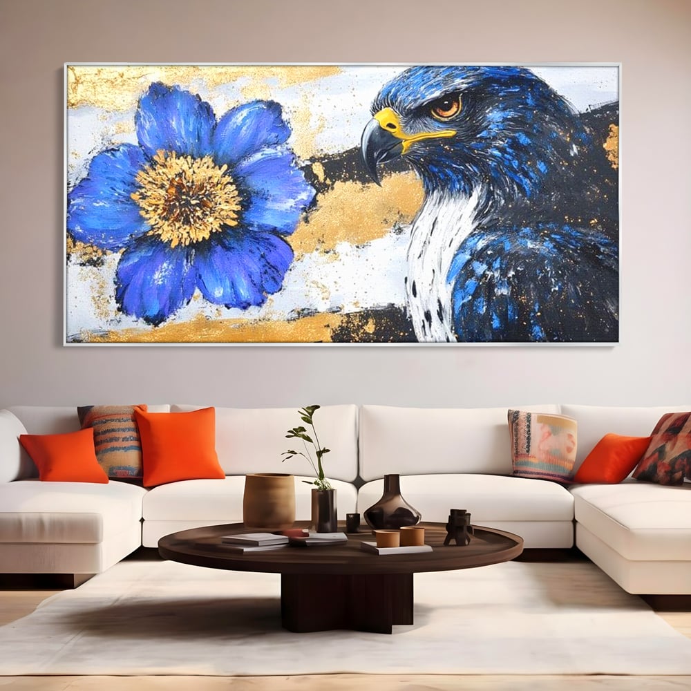 Tablou canvas cu pictura canvas cu soim si floare, in rama de aluminiu argintiu, pe perete intr-un living