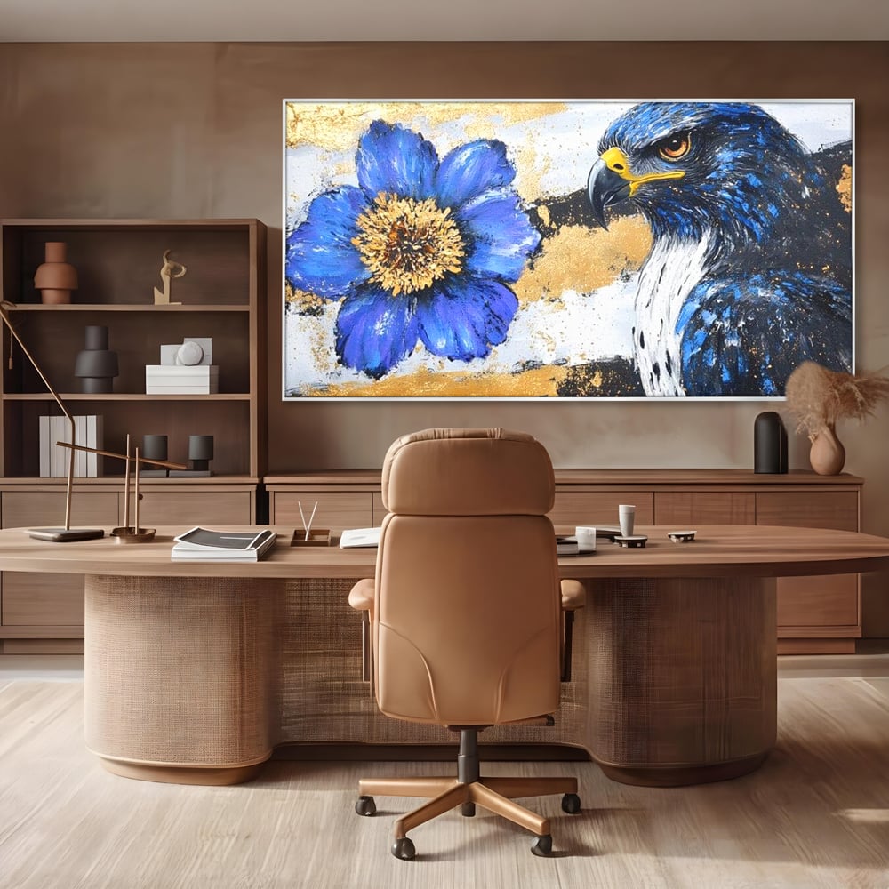 Tablou canvas cu pictura canvas cu soim si floare, in rama de aluminiu argintiu, pe perete intr-un birou