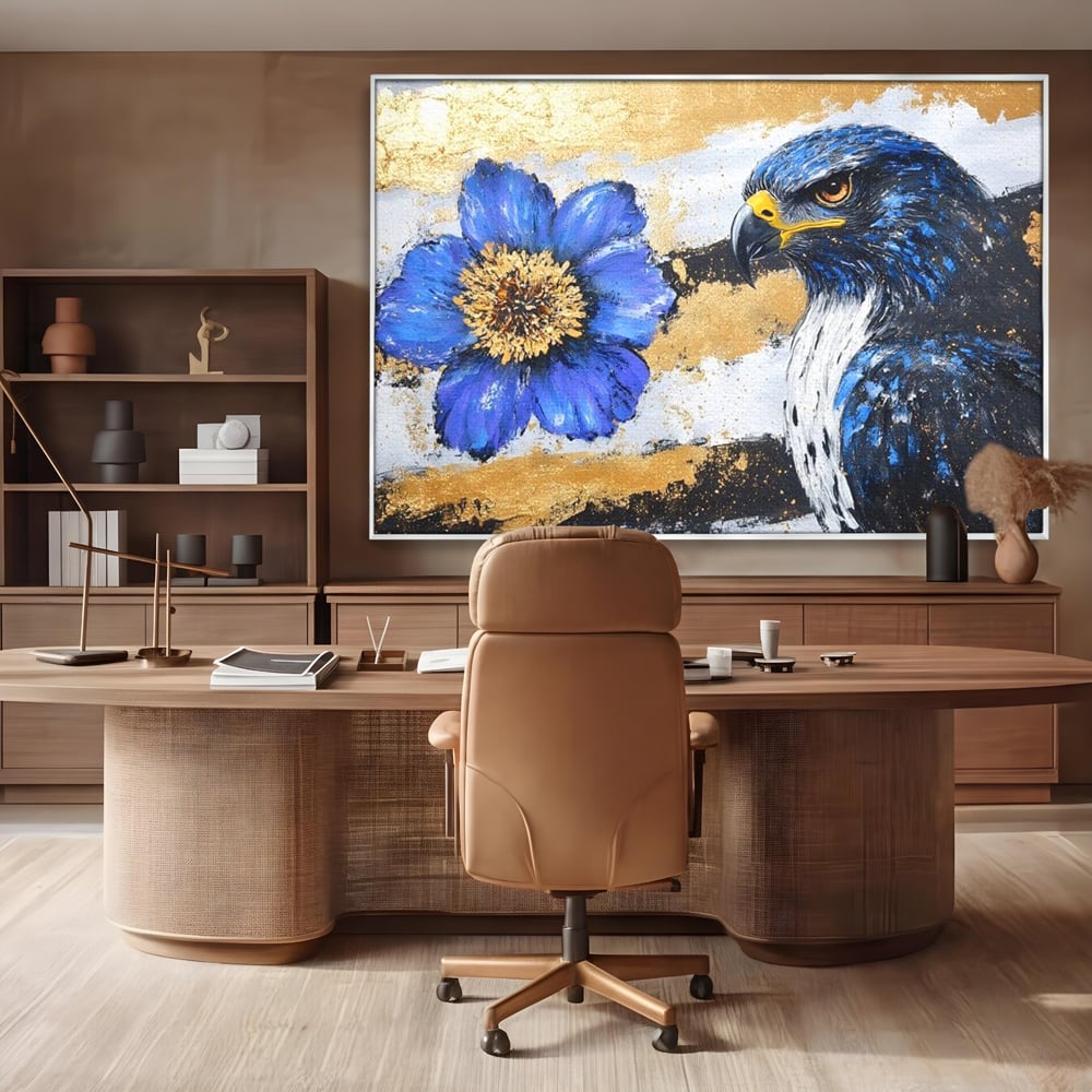 Tablou canvas cu pictura canvas cu soim si floare, in rama de aluminiu argintiu, pe perete intr-un birou