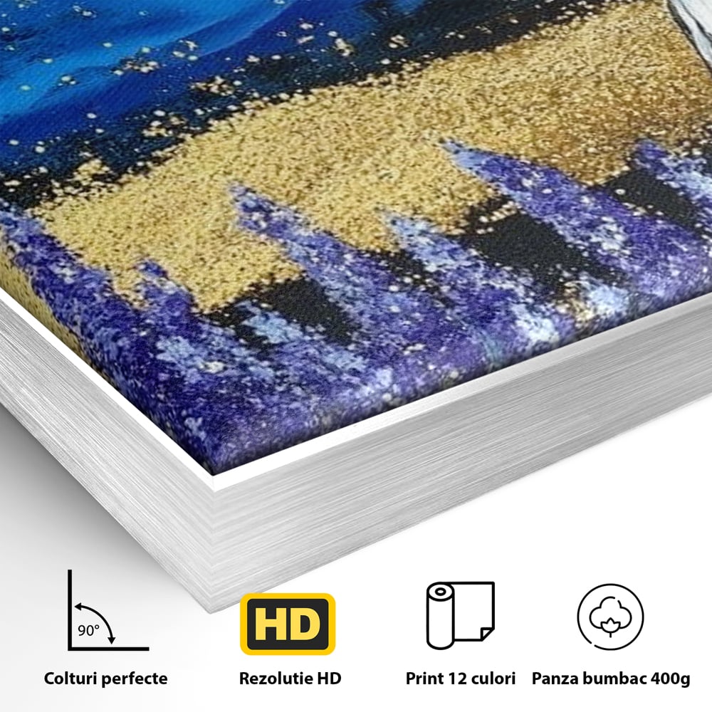 Detaliu al suprafetei: tablou canvas cu vultur si lavanda, in rama de aluminiu argintiu