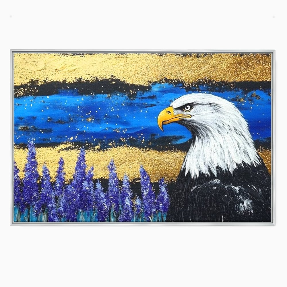 Tablou canvas cu tablou canvas cu vultur si lavanda, in rama de aluminiu argintiu