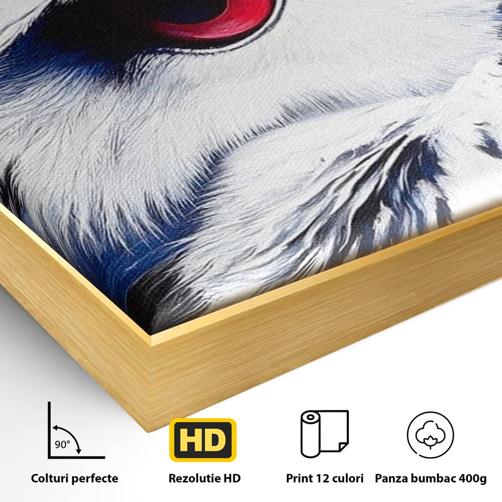 Detaliu al suprafetei: tablou canvas cu ochi de bufnita si iris rosu, in rama de aluminiu auriu