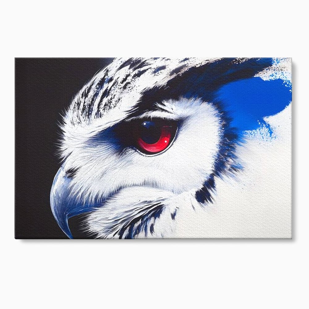 Tablou canvas cu tablou canvas cu ochi de bufnita si iris rosu, fara rama, pe sasiu de lemn
