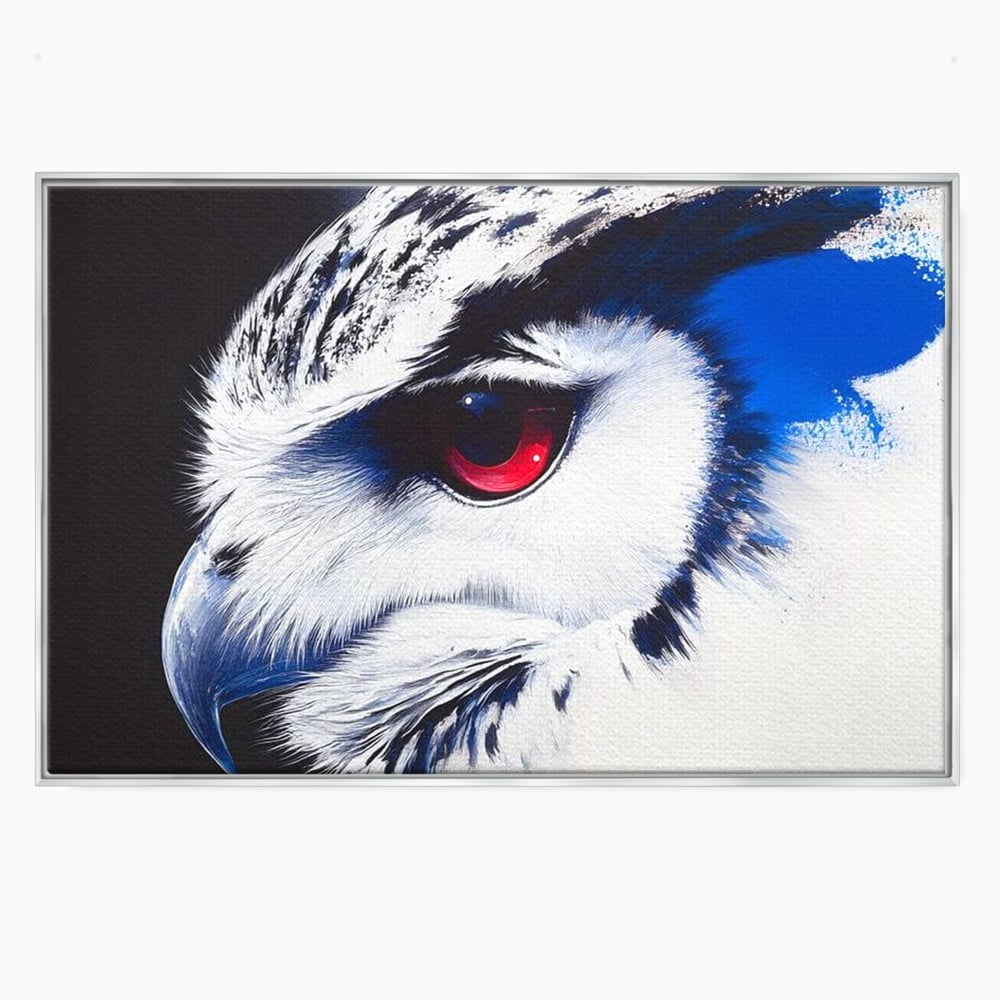 Tablou canvas cu tablou canvas cu ochi de bufnita si iris rosu, in rama de aluminiu argintiu