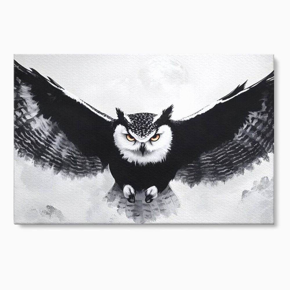 Tablou canvas cu tablou canvas cu bufnita in zbor, fara rama, pe sasiu de lemn