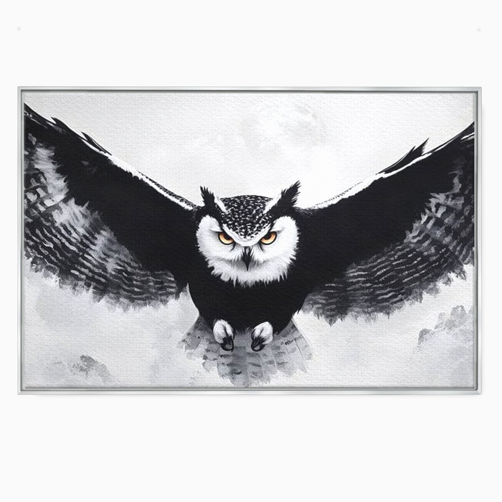 Tablou canvas cu tablou canvas cu bufnita in zbor, in rama de aluminiu argintiu