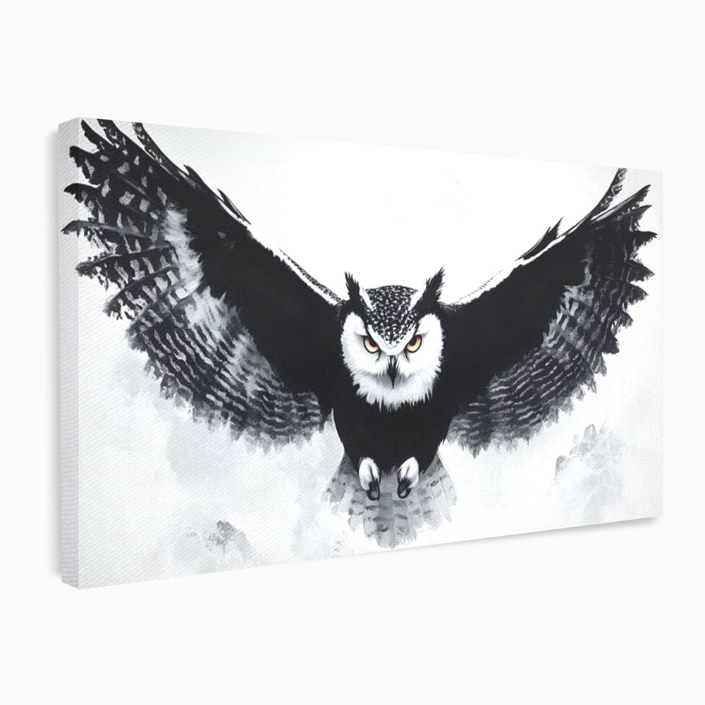 Tablou canvas cu tablou canvas cu bufnita in zbor, fara rama, pe sasiu de lemn