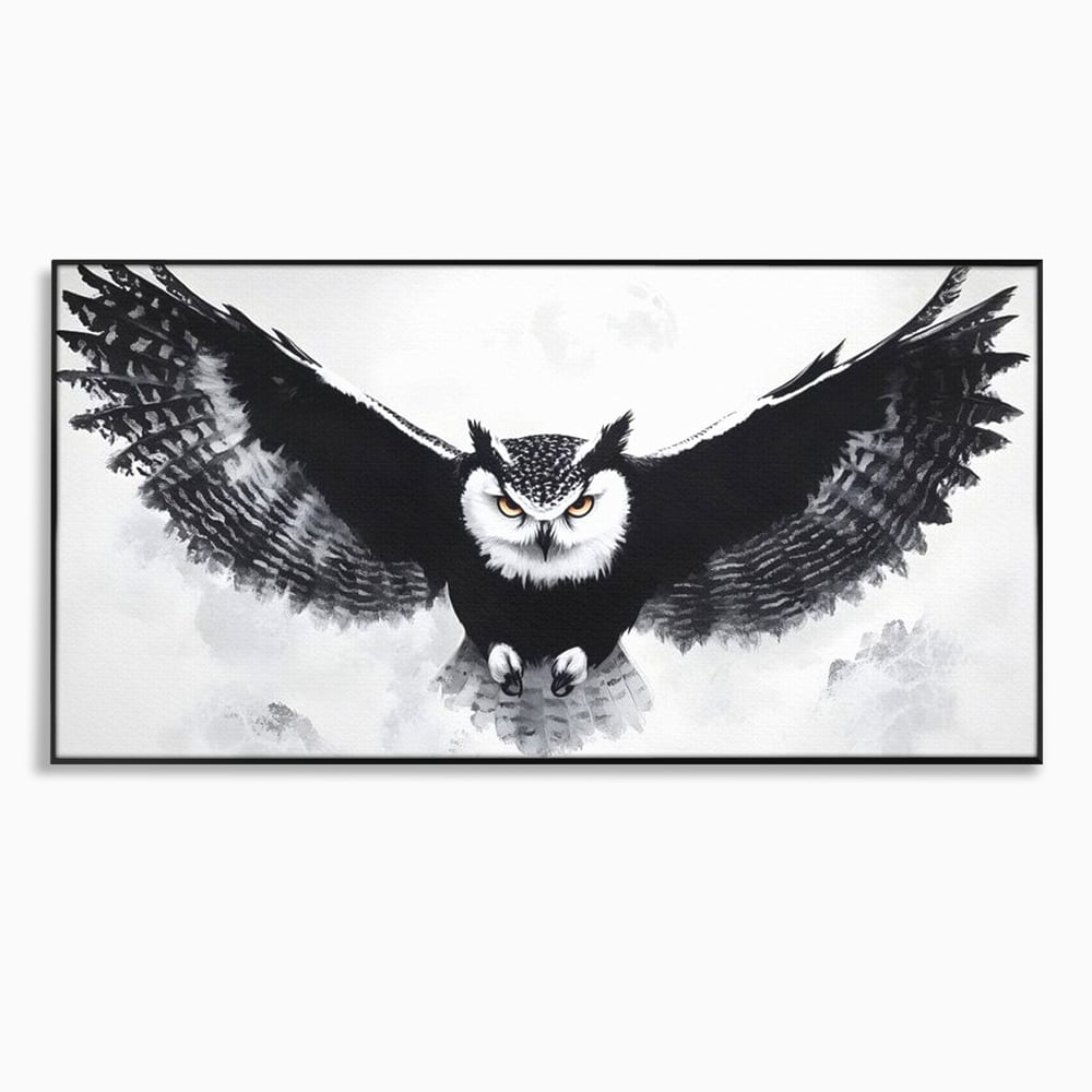 Tablou canvas cu tablou canvas cu bufnita in zbor, in rama de aluminiu negru