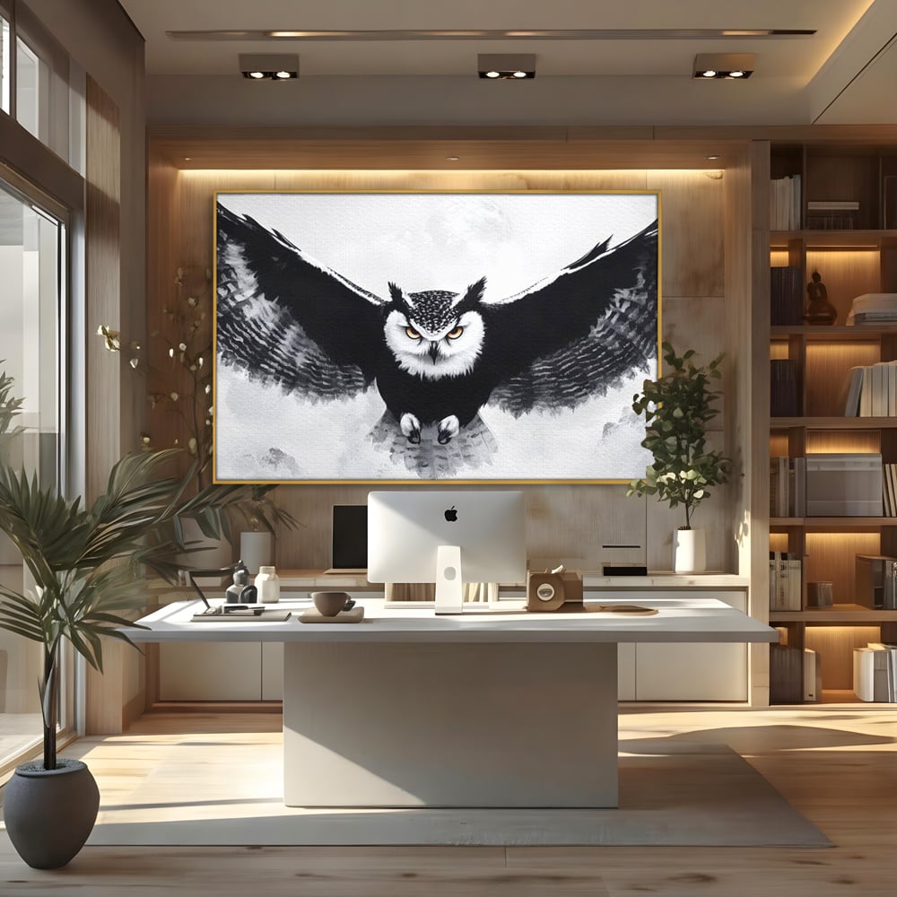 Tablou canvas cu tablou canvas cu bufnita in zbor, in rama de aluminiu auriu, pe perete intr-un birou