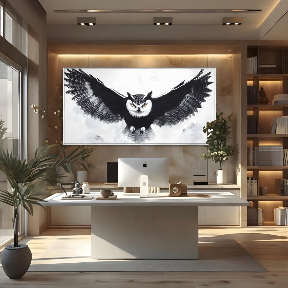 Tablou canvas cu tablou canvas cu bufnita in zbor, in rama de aluminiu argintiu, pe perete intr-un birou