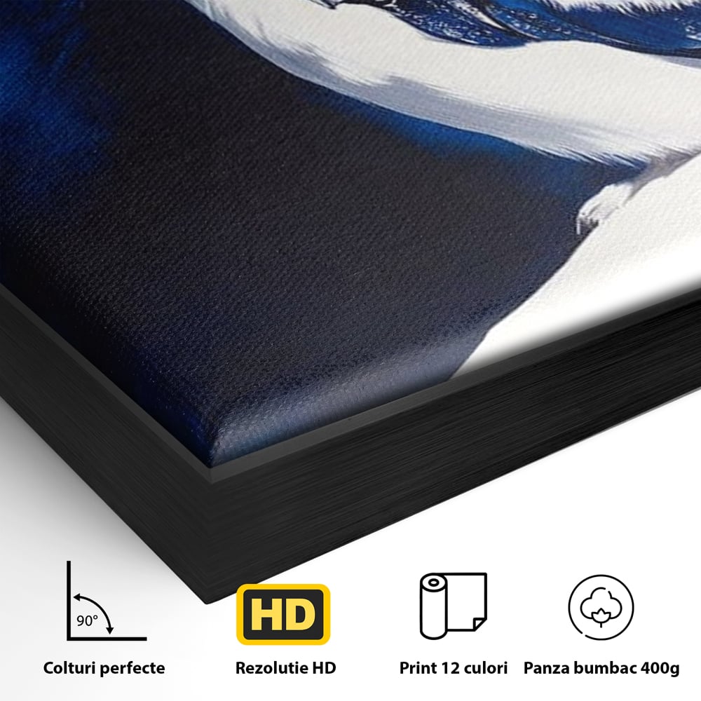 Detaliu al suprafetei: tablou canvas cu bufnita alba, in rama de aluminiu negru