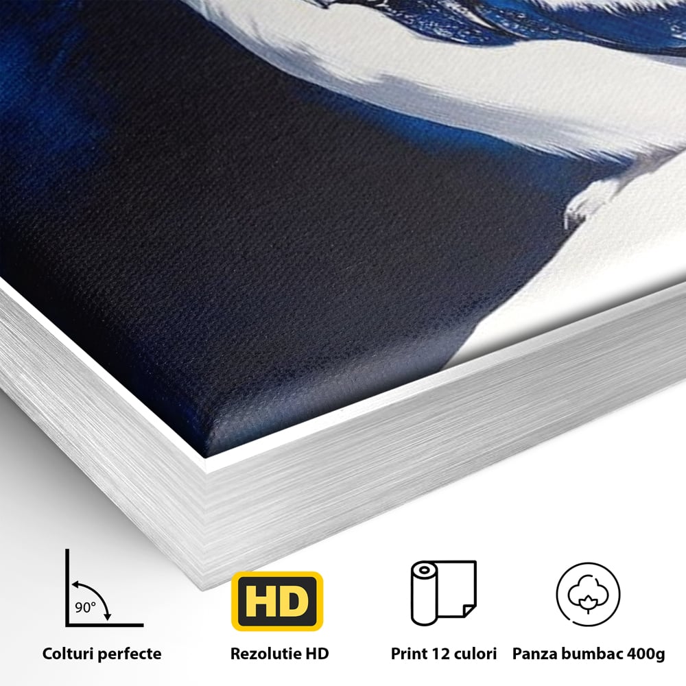 Detaliu al suprafetei: tablou canvas cu bufnita alba, in rama de aluminiu argintiu