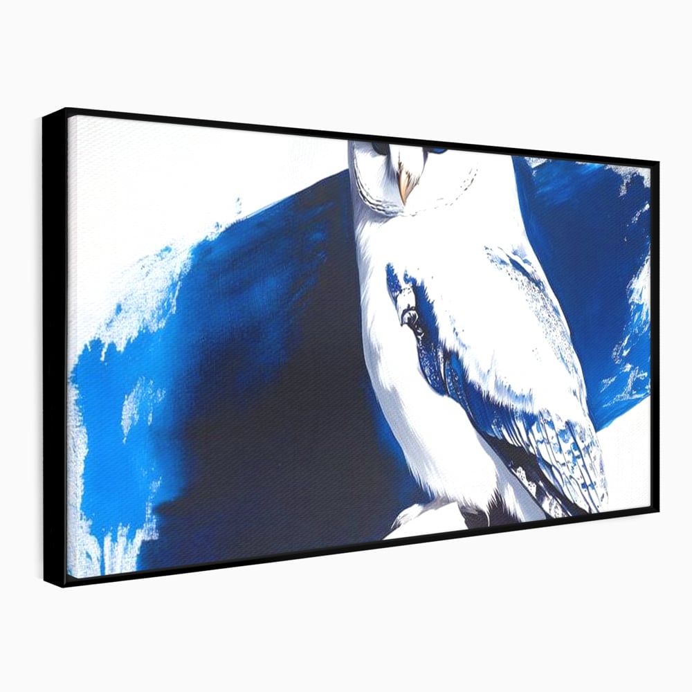 Tablou canvas cu tablou canvas cu bufnita alba, in rama de aluminiu negru