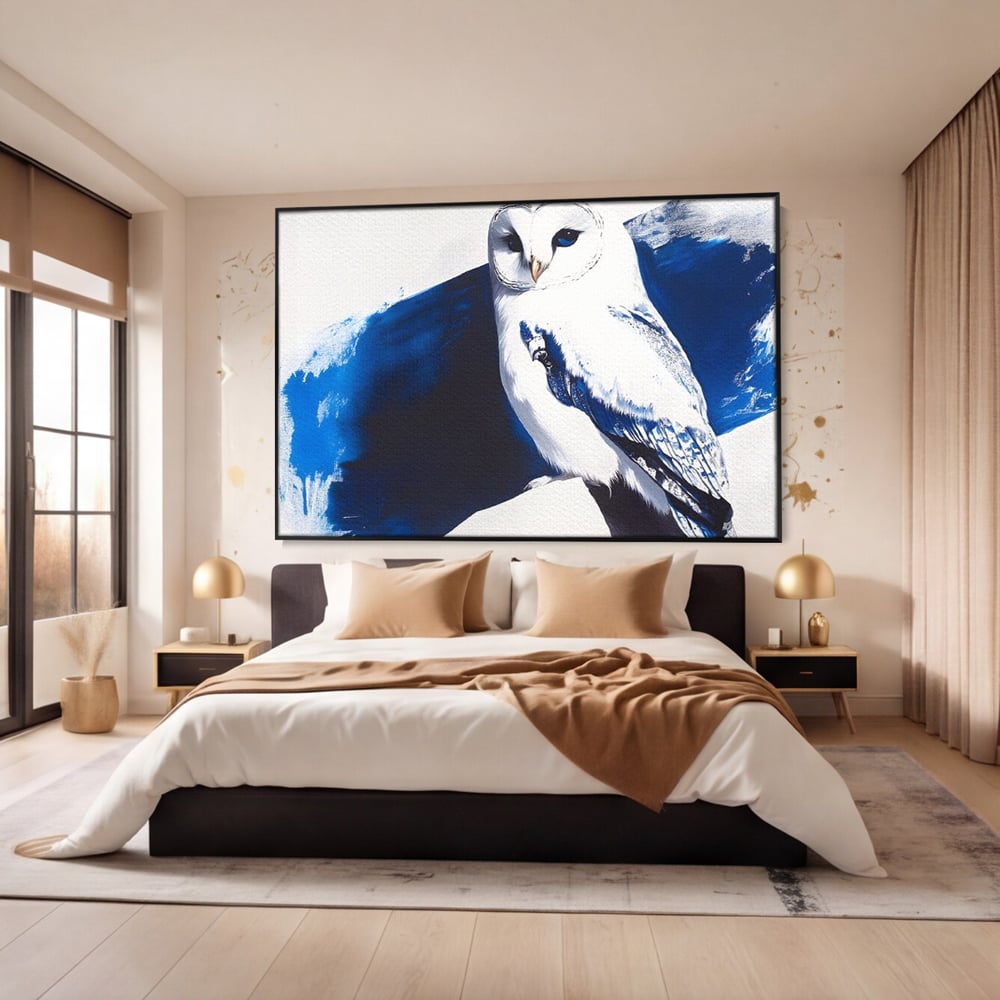 Tablou canvas cu tablou canvas cu bufnita alba, in rama de aluminiu negru, pe perete intr-un dormitor