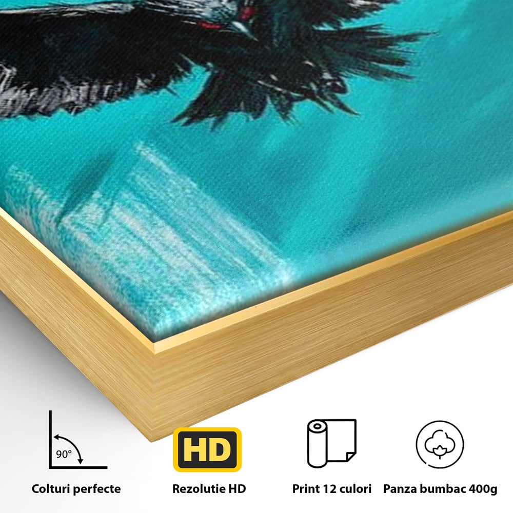 Detaliu al suprafetei: tablou canvas cu vultur in zbor, in rama de aluminiu auriu