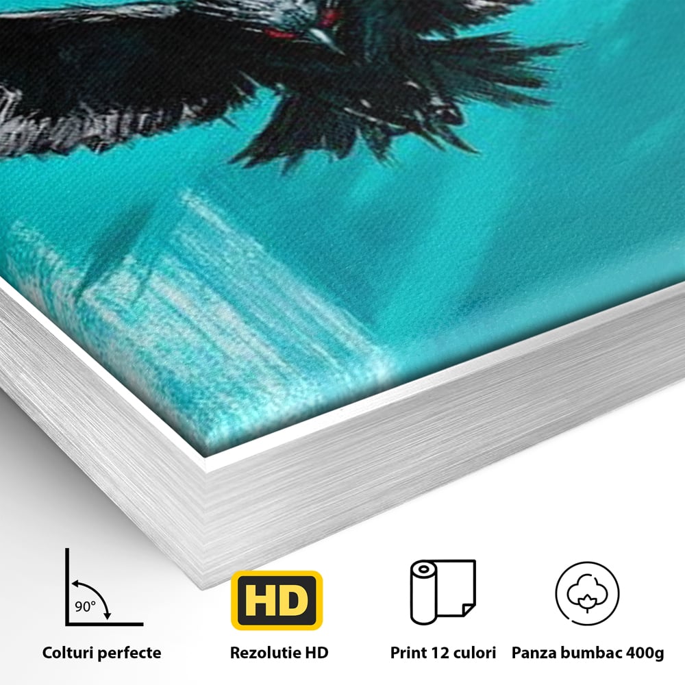 Detaliu al suprafetei: tablou canvas cu vultur in zbor, in rama de aluminiu argintiu