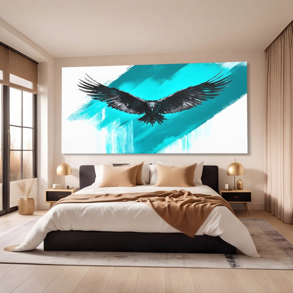 Tablou canvas cu tablou canvas cu vultur in zbor, fara rama, pe sasiu de lemn, pe perete intr-un dormitor