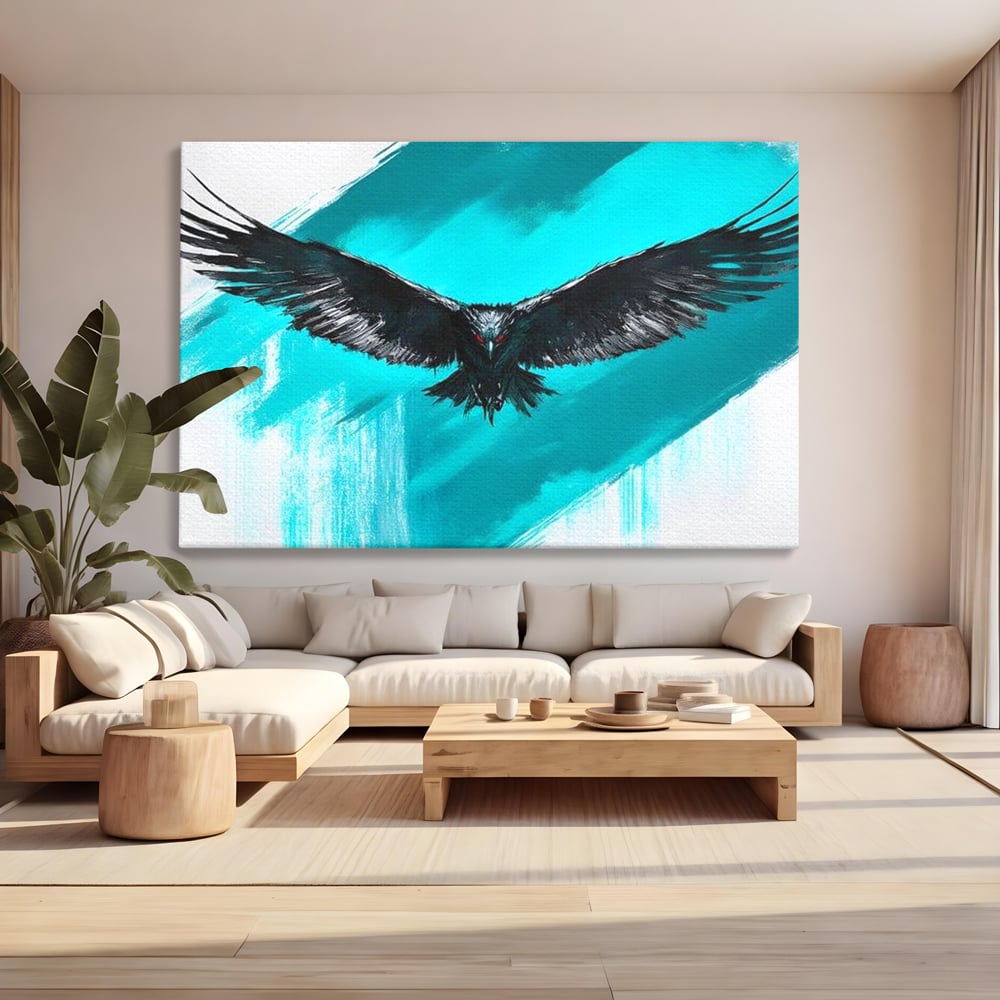 Tablou canvas cu tablou canvas cu vultur in zbor, fara rama, pe sasiu de lemn, pe perete intr-un living