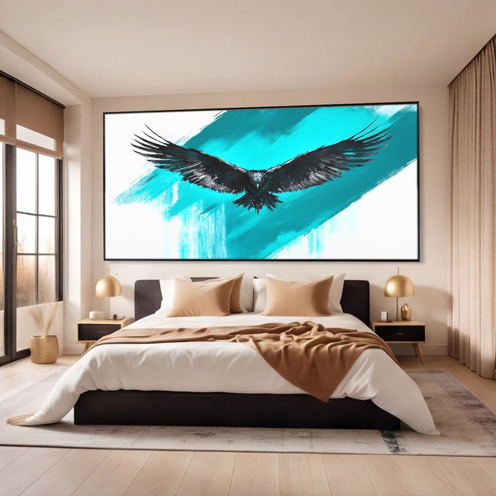 Tablou canvas cu tablou canvas cu vultur in zbor, in rama de aluminiu negru, pe perete intr-un dormitor