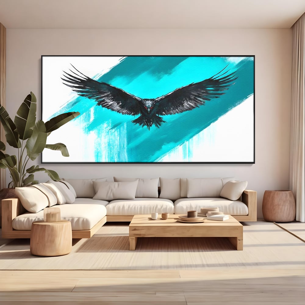 Tablou canvas cu tablou canvas cu vultur in zbor, in rama de aluminiu negru, pe perete intr-un living