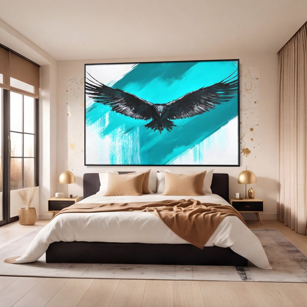 Tablou canvas cu tablou canvas cu vultur in zbor, in rama de aluminiu negru, pe perete intr-un dormitor