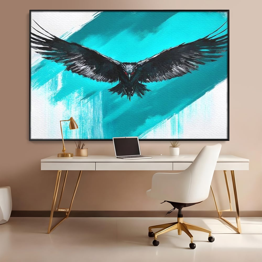 Tablou canvas cu tablou canvas cu vultur in zbor, in rama de aluminiu negru, pe perete intr-un birou