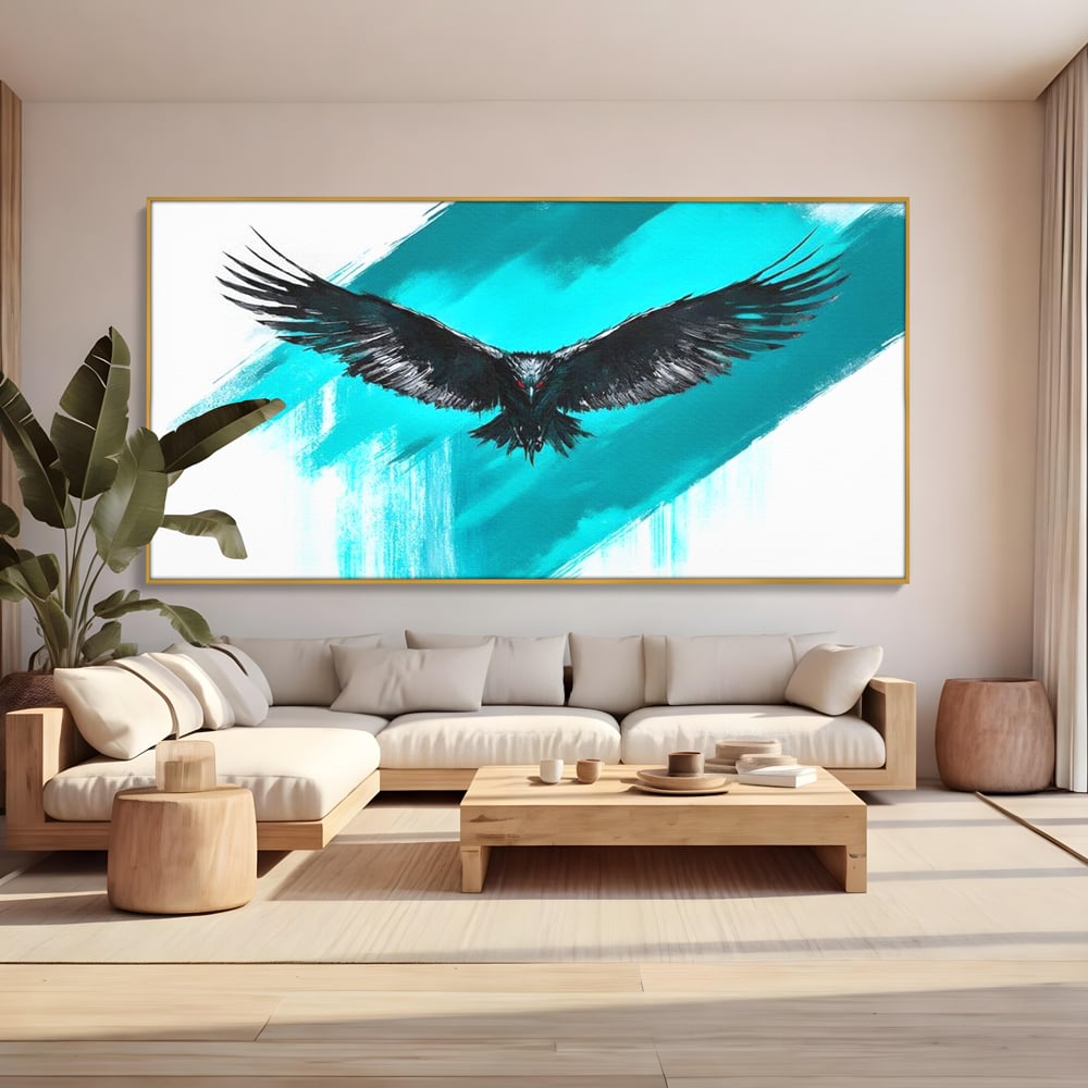 Tablou canvas cu tablou canvas cu vultur in zbor, in rama de aluminiu auriu, pe perete intr-un living