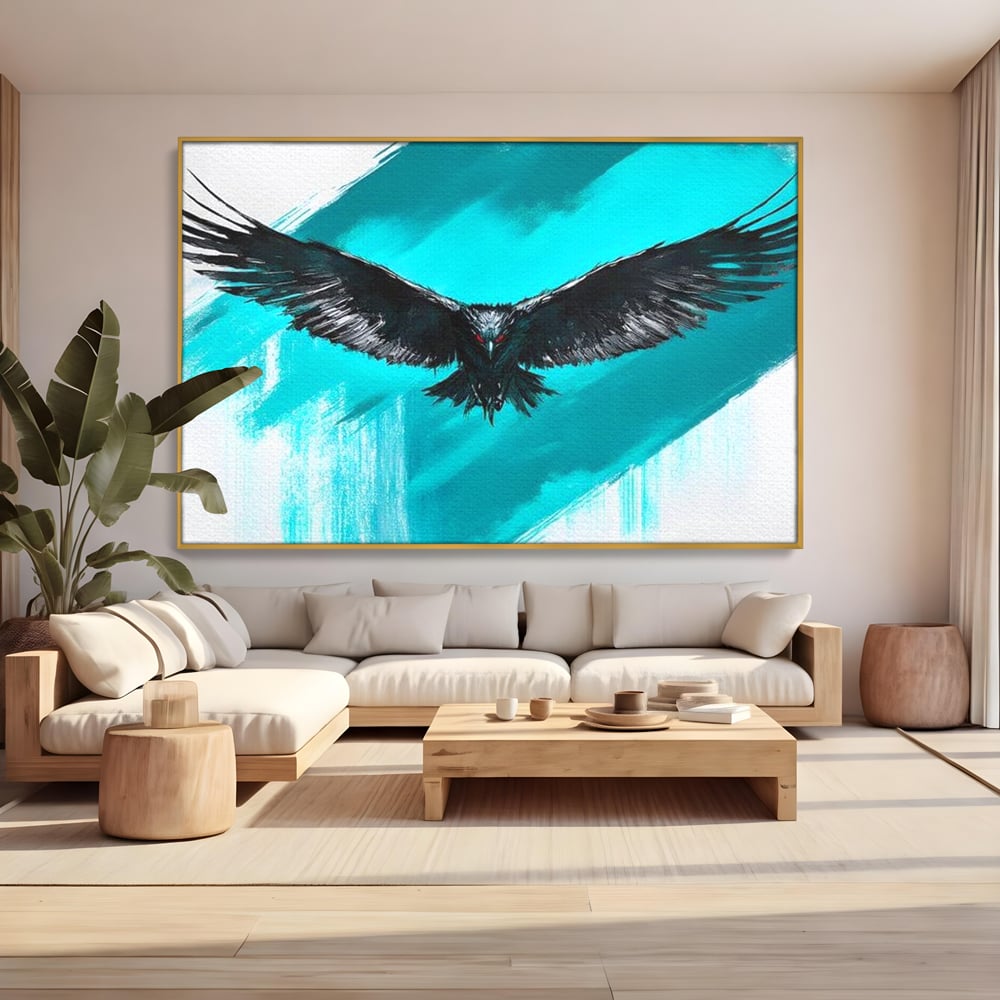 Tablou canvas cu tablou canvas cu vultur in zbor, in rama de aluminiu auriu, pe perete intr-un living