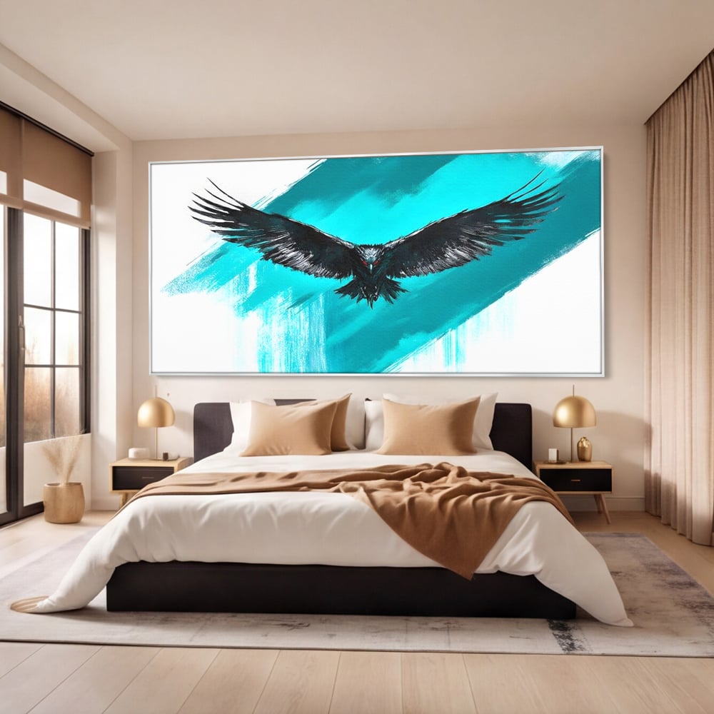 Tablou canvas cu tablou canvas cu vultur in zbor, in rama de aluminiu argintiu, pe perete intr-un dormitor