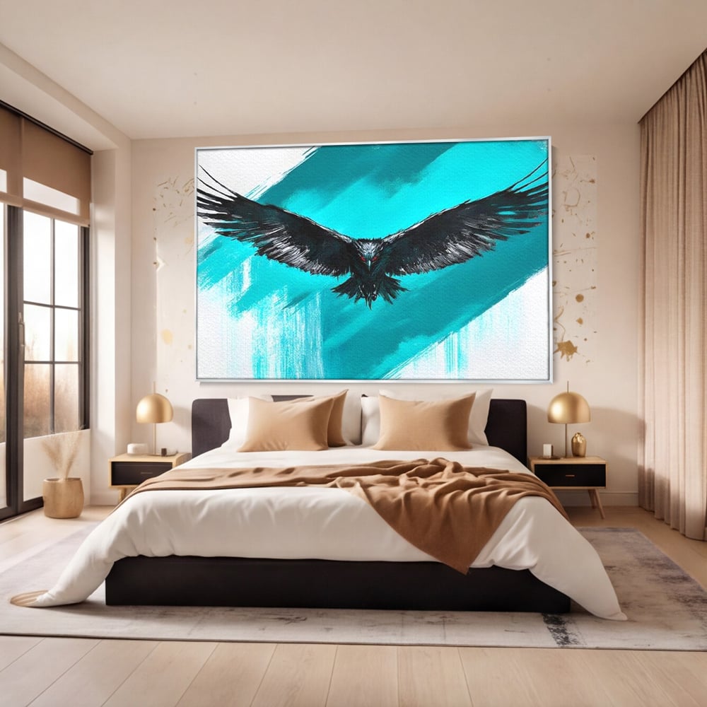 Tablou canvas cu tablou canvas cu vultur in zbor, in rama de aluminiu argintiu, pe perete intr-un dormitor