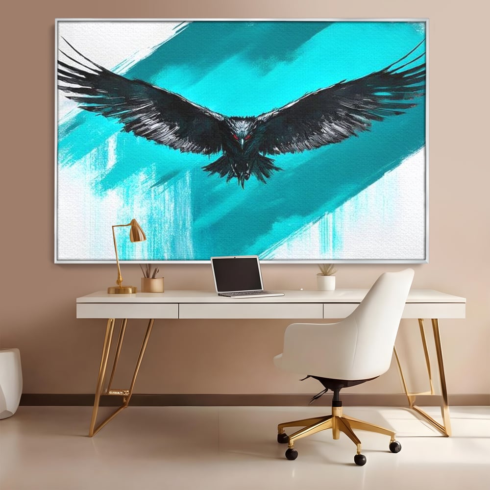 Tablou canvas cu tablou canvas cu vultur in zbor, in rama de aluminiu argintiu, pe perete intr-un birou