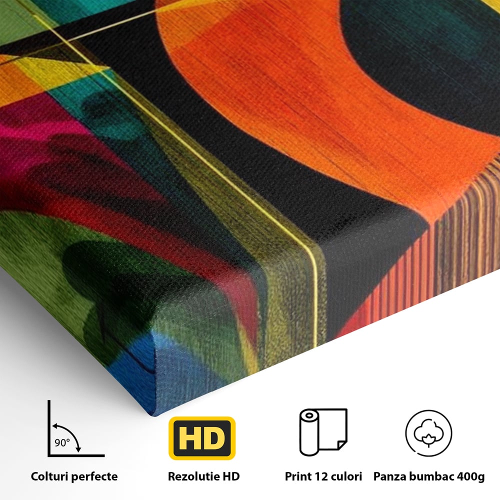 Detaliu al suprafetei: tablou canvas cu flamingo geometric, fara rama, pe sasiu de lemn